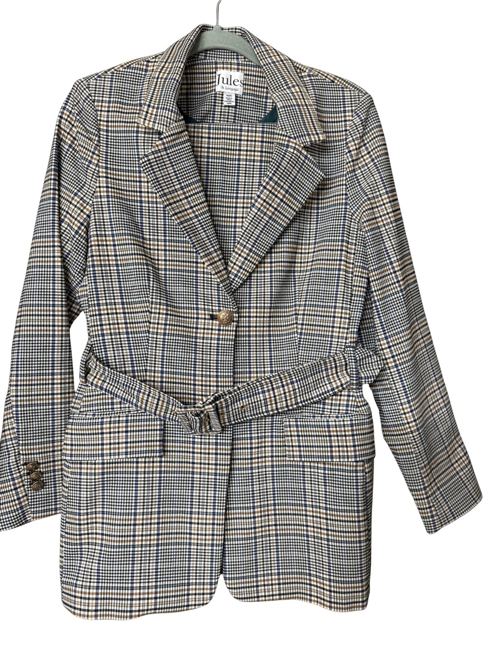 Jules & Leopold Plaid Belted Blazer Jacket in Navy & Cream